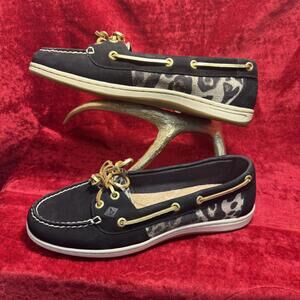 Sperry Women's Black and Leopard Print Loafers Size 9